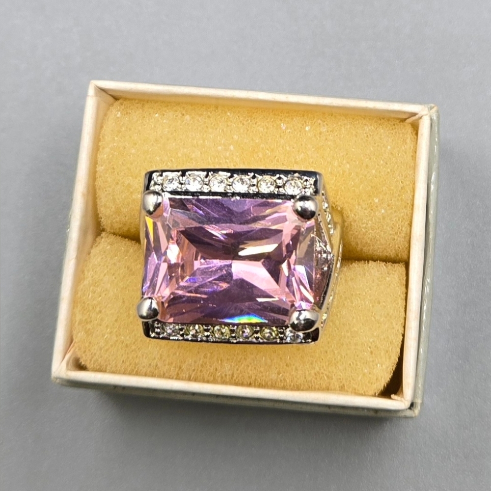 Nolan Miller Ring Silver Tone with Pink Tourmaline & Clear Crystal Stones  Sz 8
